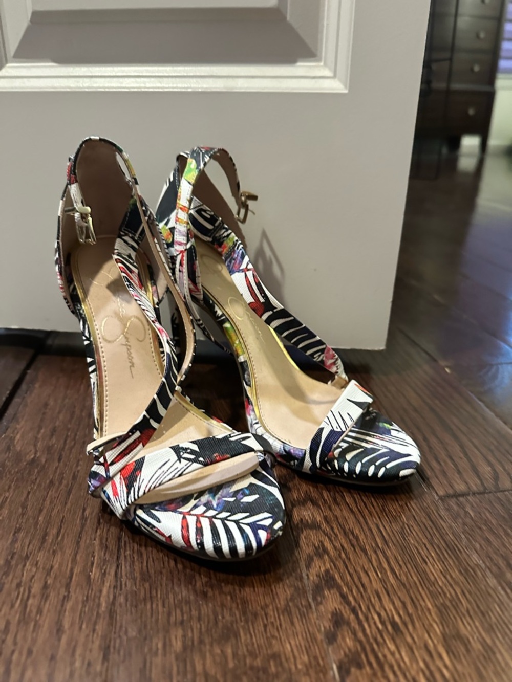 Floral Printed Open-Toe Slingback Heels - Multicolor